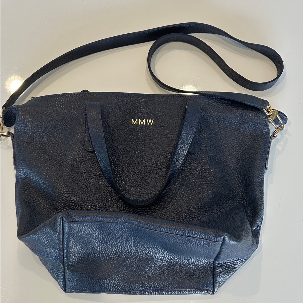 Cuyana The Pebbled Carryall Shoulder Crossbody Convertible Leather Purse - Navy